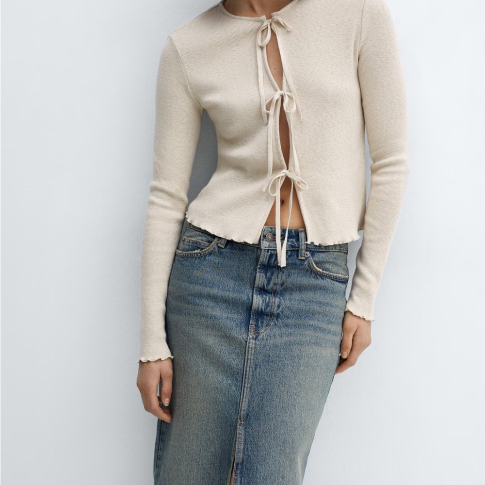 Mango Beige Tie Front Cardigan Knit Top Women Sz S Long Sleeve Minimalist Style